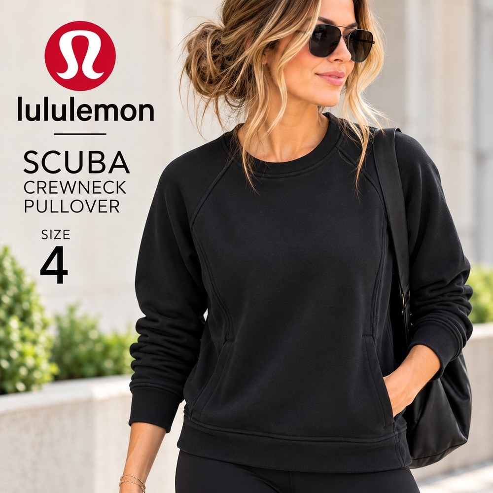 Lululemon Scuba Crewneck Pullover Women 4 Black Sweatshirt Fleece Pocket Slim